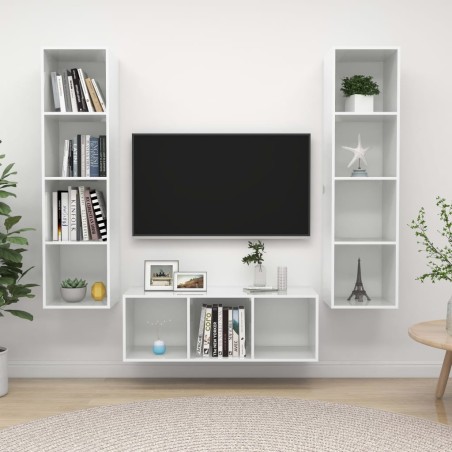 vidaXL Juego de muebles de salón 3 pzs madera ingeniería blanco brillo