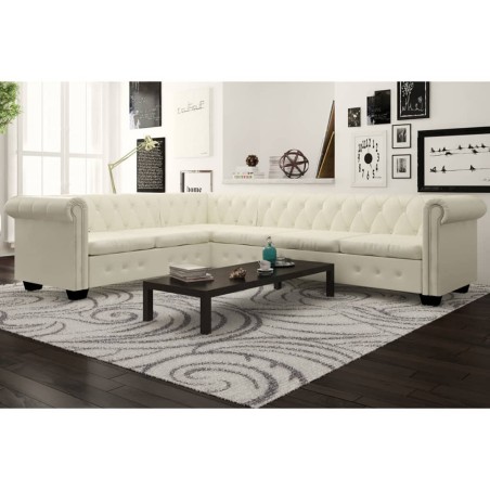 vidaXL Sofá de esquina Chesterfield 6 plazas cuero artificial blanco 