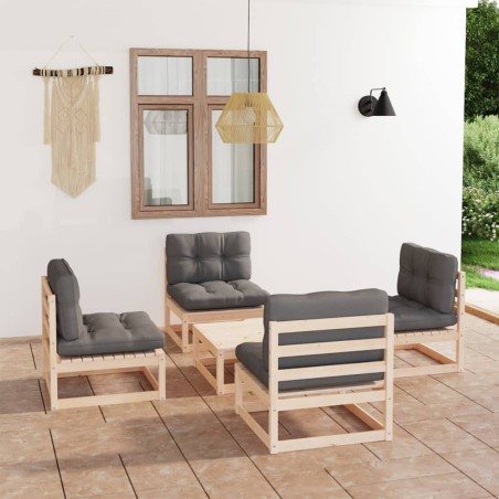 vidaXL Juego de muebles de jardín 5 pzas y cojines madera maciza pino