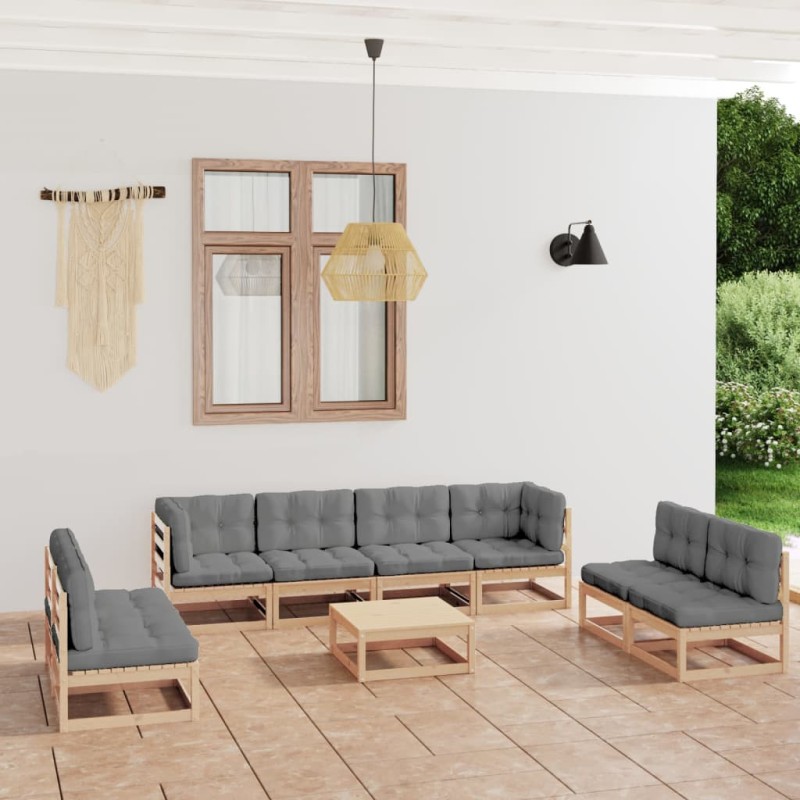 vidaXL Juego de muebles de jardín 9 pzas y cojines madera pino maciza vidaXL Juego de muebles de jardín 9 pzas y cojines madera pino maciza