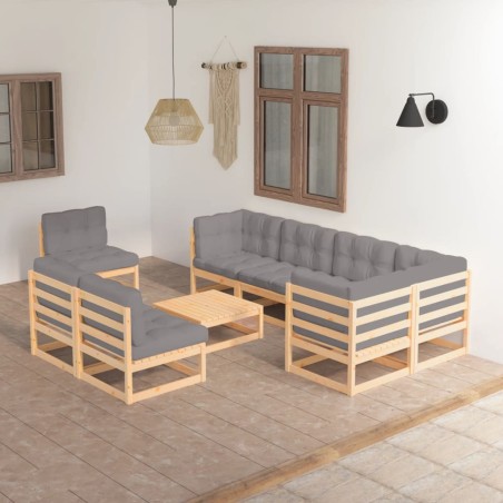 vidaXL Juego de muebles de jardín 9 pzas y cojines madera maciza pino