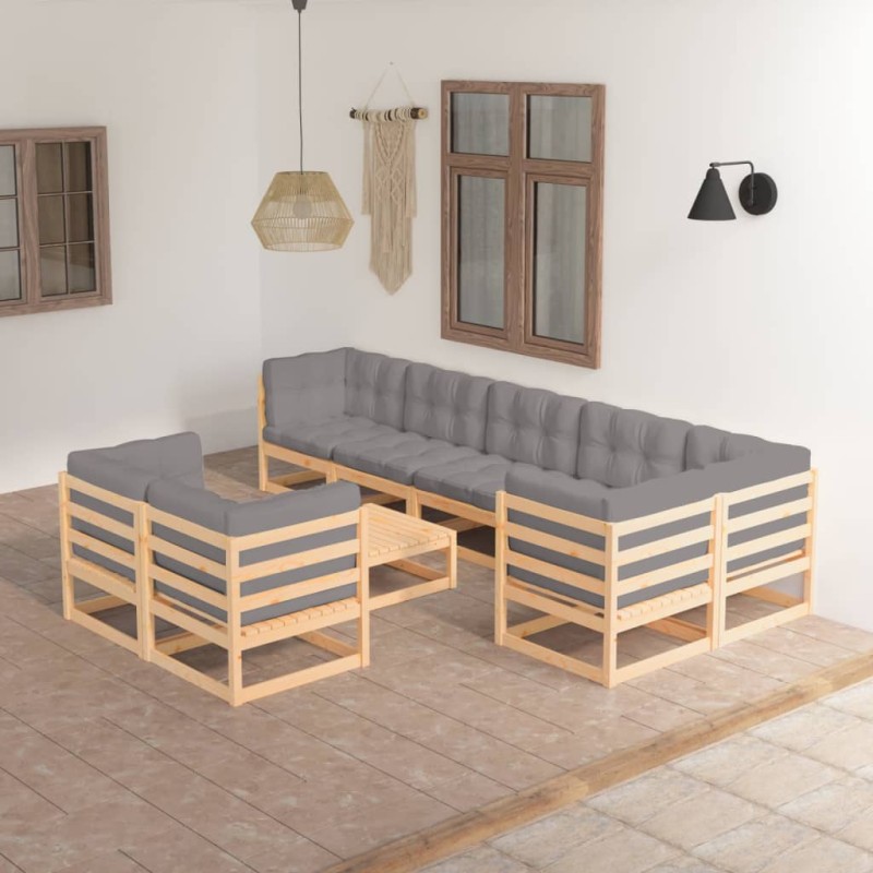 vidaXL Juego de muebles de jardín 9 pzas y cojines madera maciza pino vidaXL Juego de muebles de jardín 9 pzas y cojines madera maciza pino