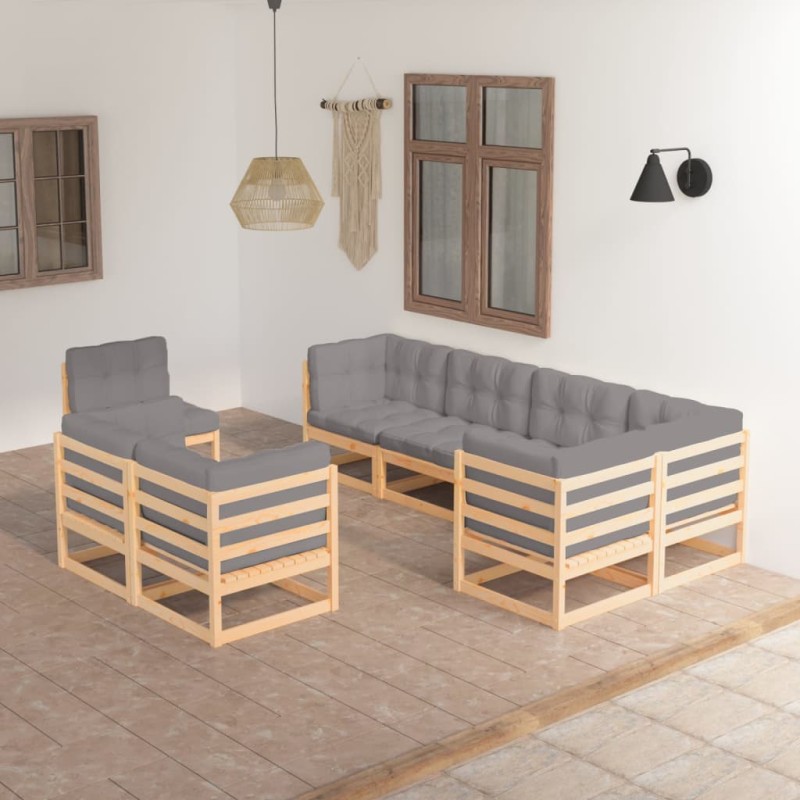vidaXL Muebles de jardín 8 pzas y cojines madera maciza pino