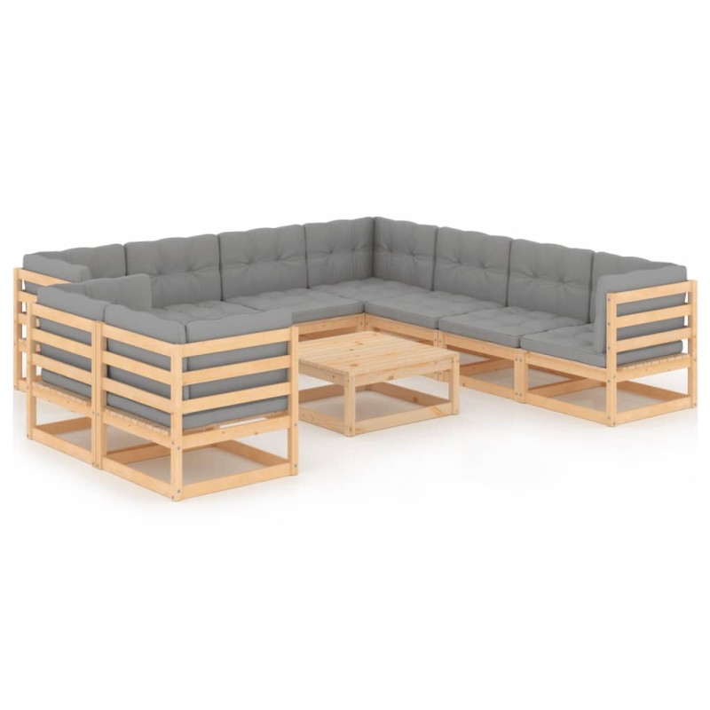 vidaXL Juego de muebles de jardín 10 pzas y cojines madera maciza pino vidaXL Juego de muebles de jardín 10 pzas y cojines madera maciza pino