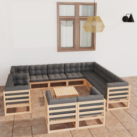vidaXL Juego de muebles de jardín 13 pzas y cojines madera maciza pino