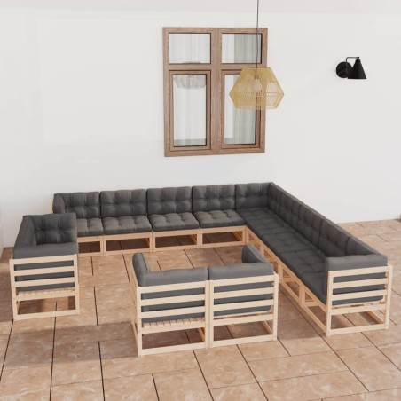 vidaXL Juego de muebles de jardín 13 pzas y cojines madera maciza pino