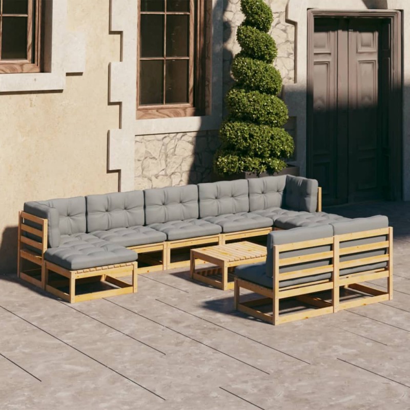 vidaXL Juego de muebles de jardín 10 pzas y cojines madera maciza pino vidaXL Juego de muebles de jardín 10 pzas y cojines madera maciza pino
