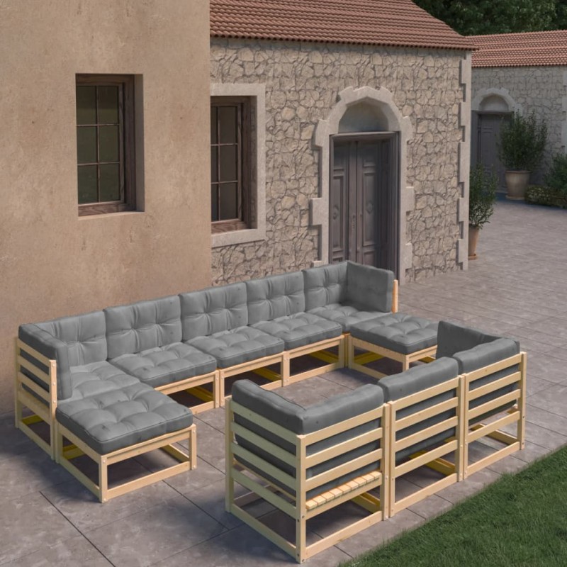 vidaXL Juego de muebles de jardín 10 pzas y cojines madera maciza pino vidaXL Juego de muebles de jardín 10 pzas y cojines madera maciza pino