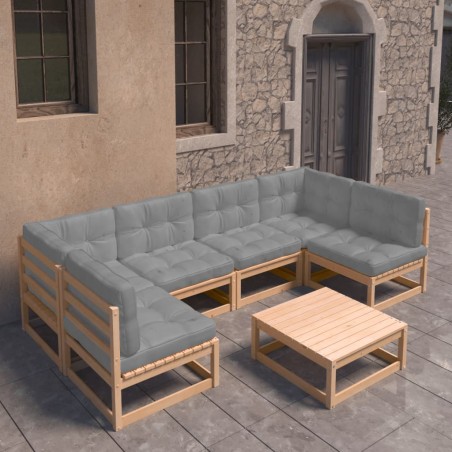 vidaXL Juego de muebles de jardín 7 pzas y cojines madera maciza pino