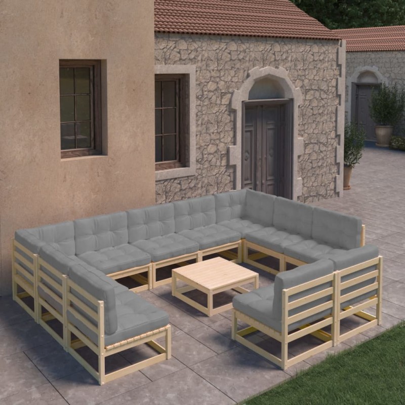 vidaXL Juego de muebles de jardín 12 pzas y cojines madera maciza pino