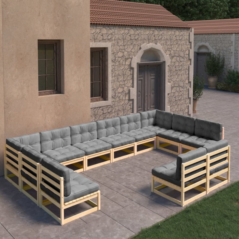 vidaXL Juego de muebles de jardín 12 pzas y cojines madera maciza pino