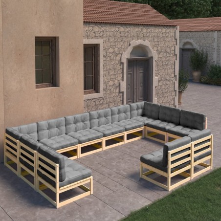 vidaXL Juego de muebles de jardín 12 pzas y cojines madera maciza pino