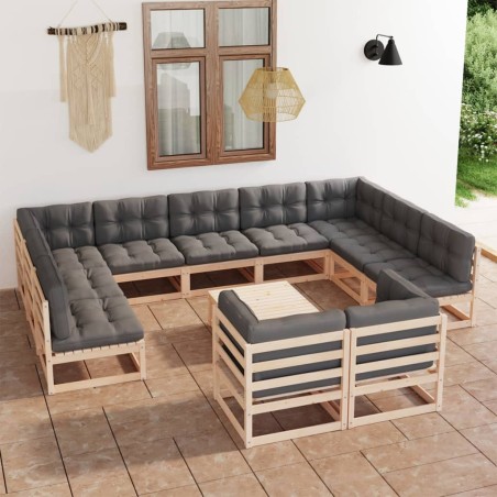 vidaXL Juego de muebles de jardín 12 pzas y cojines madera maciza pino