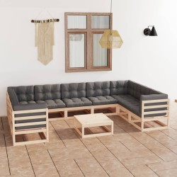 vidaXL Juego de muebles de jardín 10 pzas y cojines madera maciza pino