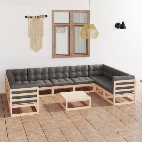 vidaXL Juego de muebles de jardín 10 pzas y cojines madera maciza pino