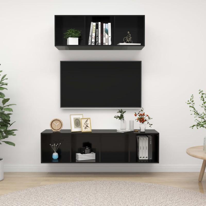 vidaXL Muebles de salón 2 piezas madera de ingeniería negro brillo vidaXL Muebles de salón 2 piezas madera de ingeniería negro brillo