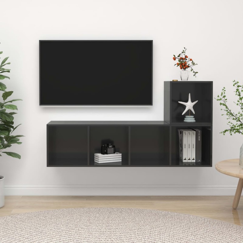 vidaXL Muebles de salón 2 piezas madera de ingeniería gris brillo vidaXL Muebles de salón 2 piezas madera de ingeniería gris brillo