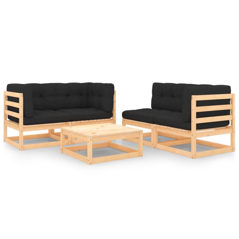 vidaXL Juego de muebles de jardín 5 pzas y cojines madera maciza pino