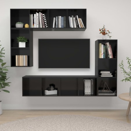 vidaXL Muebles de salón 4 piezas madera de ingeniería negro brillo