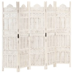 vidaXL Biombo 5 paneles tallado a mano madera mango blanco 200x165 cm
