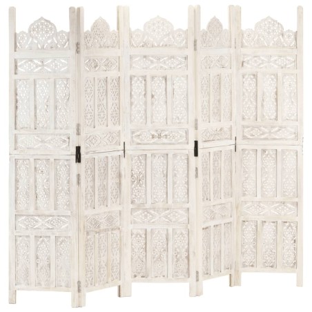 vidaXL Biombo 5 paneles tallado a mano madera mango blanco 200x165 cm