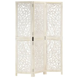 vidaXL Biombo 3 paneles tallado a mano madera mango blanco 120x165 cm