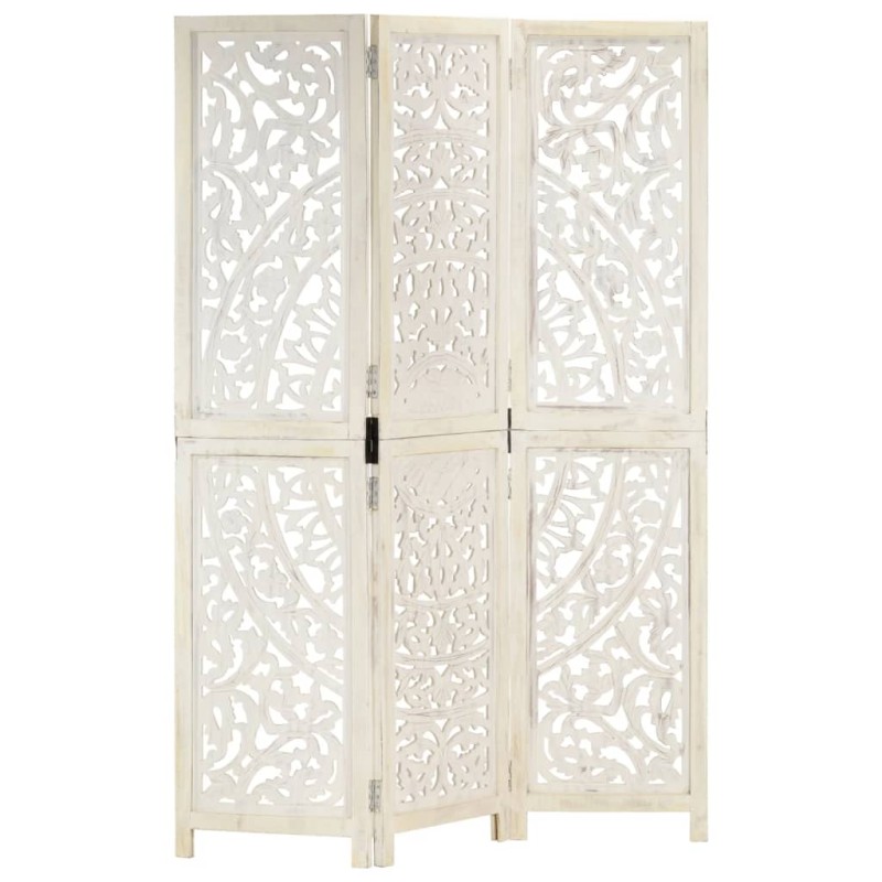vidaXL Biombo 3 paneles tallado a mano madera mango blanco 120x165 cm vidaXL Biombo 3 paneles tallado a mano madera mango blanco 120x165 cm