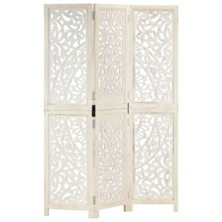 vidaXL Biombo 3 paneles tallado a mano madera mango blanco 120x165 cm