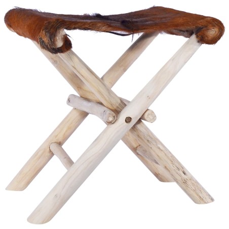 vidaXL Taburete plegable de cuero auténtico y madera de teca maciza