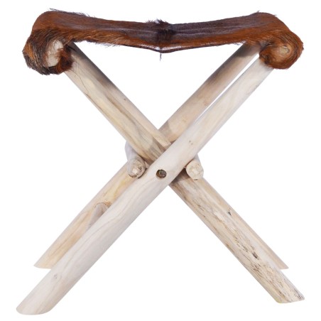 vidaXL Taburete plegable de cuero auténtico y madera de teca maciza