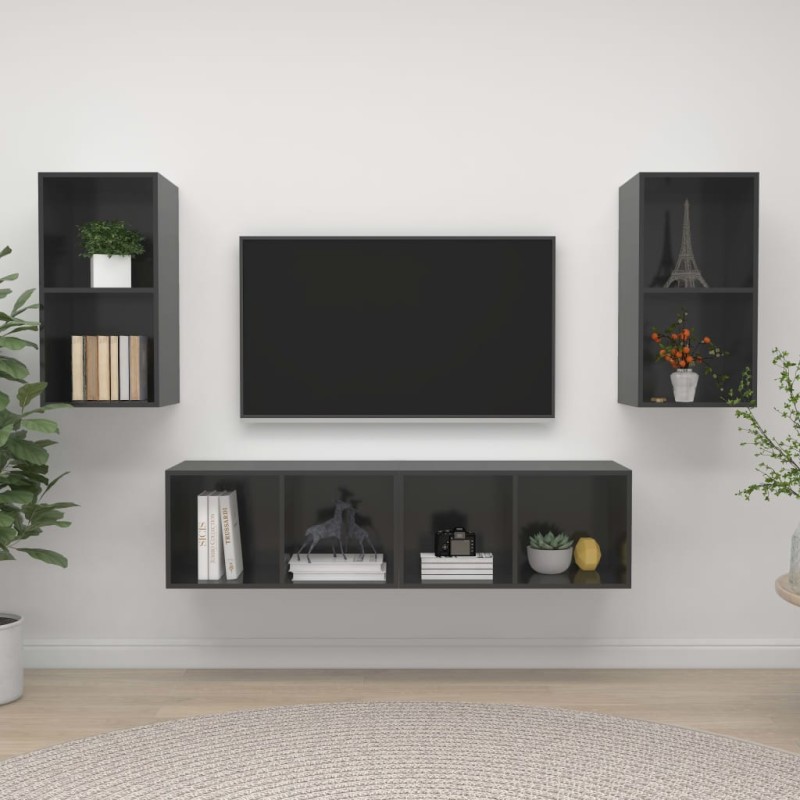 vidaXL Muebles de salón de pared 4 pzas madera ingeniería gris brillo vidaXL Muebles de salón de pared 4 pzas madera ingeniería gris brillo