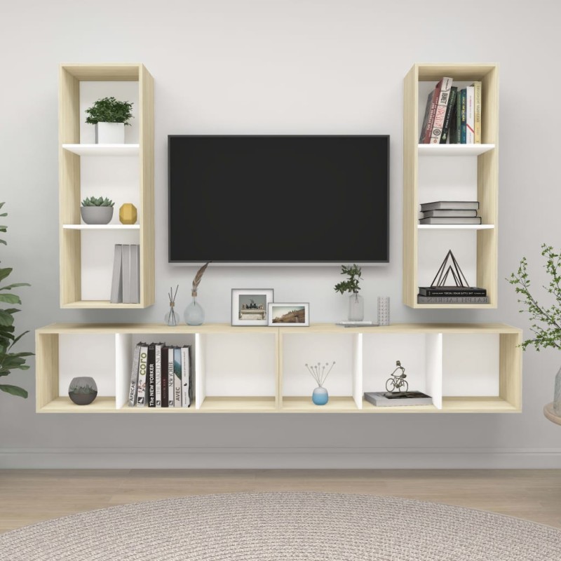 vidaXL Muebles de salón de pared 4 piezas blanco y roble Sonoma vidaXL Muebles de salón de pared 4 piezas blanco y roble Sonoma