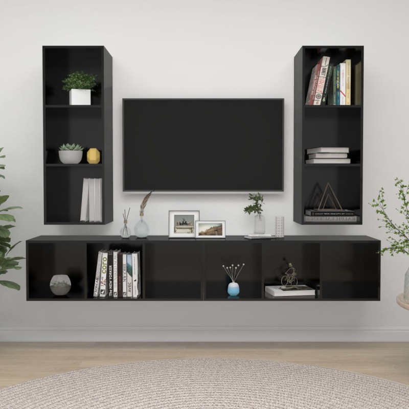 vidaXL Muebles de salón de pared 4 pzas madera ingeniería negro brillo