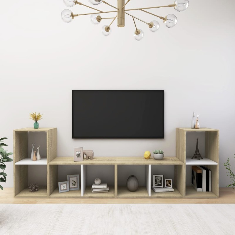 vidaXL Muebles de salón 4 pzas madera ingeniería blanco y roble Sonoma