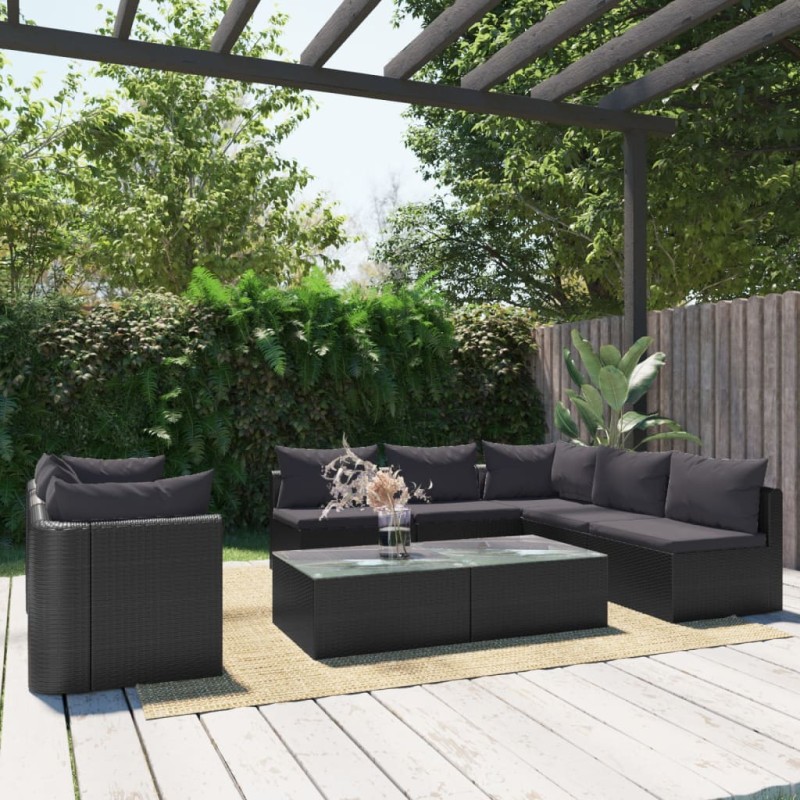 vidaXL Set de muebles de jardín 9 pzas y cojines ratán sintético negro vidaXL Set de muebles de jardín 9 pzas y cojines ratán sintético negro