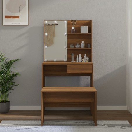 vidaXL Juego de tocador con LED madera contrachapada roble marrón