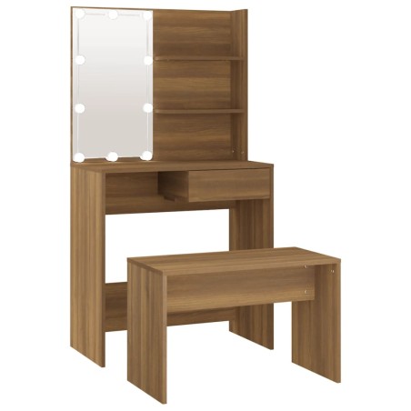 vidaXL Juego de tocador con LED madera contrachapada roble marrón