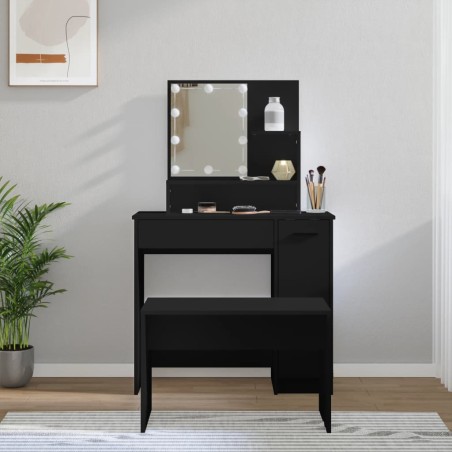 vidaXL Juego de tocador con LED madera contrachapada negro