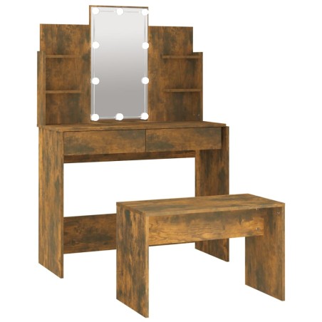 vidaXL Juego de tocador con LED madera contrachapada roble ahumado