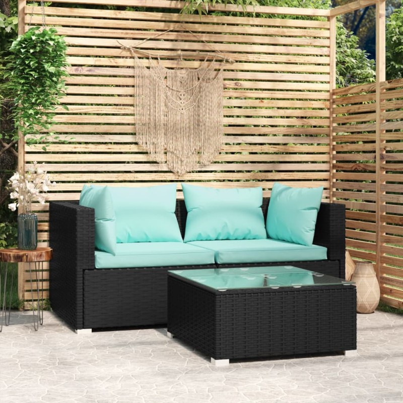 vidaXL Set de muebles de jardín 3 pzas y cojines ratán sintético negro vidaXL Set de muebles de jardín 3 pzas y cojines ratán sintético negro