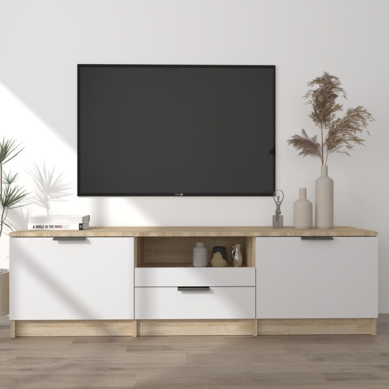 vidaXL Mueble de TV madera contrachapada blanco y roble 140x35x40 cm vidaXL Mueble de TV madera contrachapada blanco y roble 140x35x40 cm