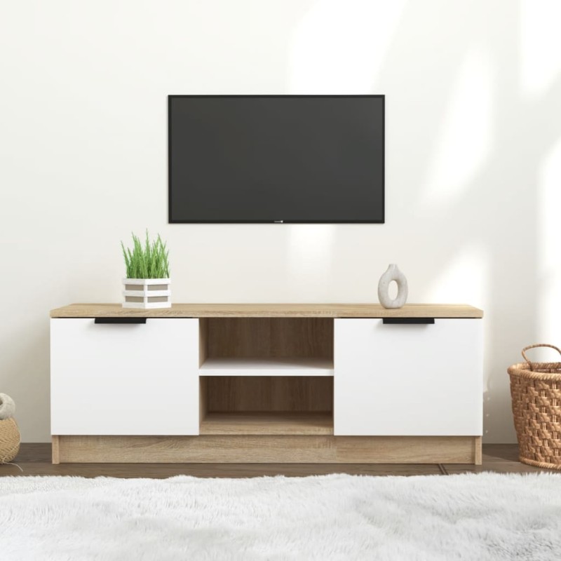 vidaXL Mueble de TV madera contrachapada blanco y roble 102x35x36,5 cm vidaXL Mueble de TV madera contrachapada blanco y roble 102x35x36,5 cm
