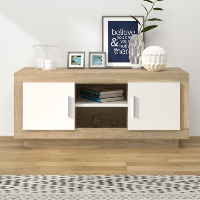 vidaXL Mueble de TV madera contrachapada blanco y roble 102x35x45 cm vidaXL Mueble de TV madera contrachapada blanco y roble 102x35x45 cm