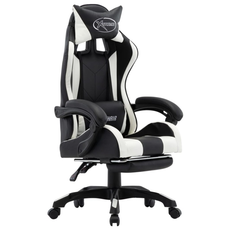 vidaXL Silla gaming con reposapiés cuero sintético blanco y negro vidaXL Silla gaming con reposapiés cuero sintético blanco y negro