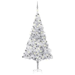 vidaXL Árbol de Navidad preiluminado con luces y bolas plateado 210 cm