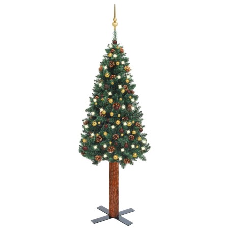vidaXL Árbol de Navidad delgado con luces y bolas verde 210 cm
