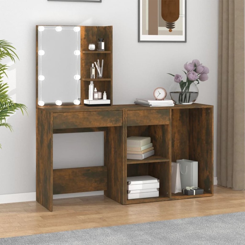 vidaXL Tocador con LEDs y armario madera contrachapada roble ahumado vidaXL Tocador con LEDs y armario madera contrachapada roble ahumado