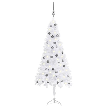 vidaXL Árbol de Navidad de esquina LED y bolas PVC blanco 210 cm