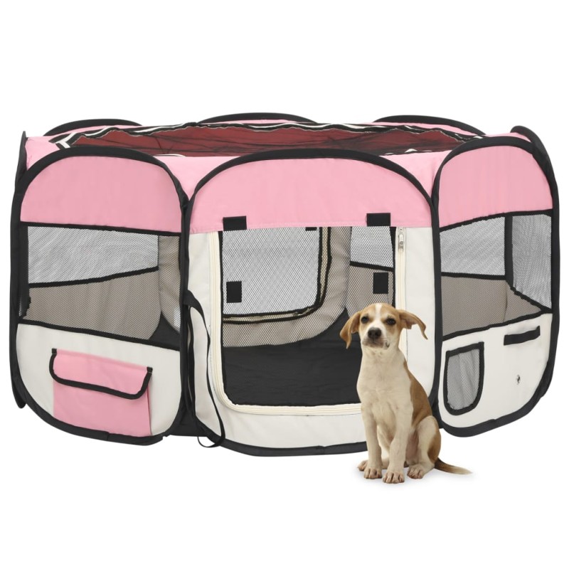 vidaXL Parque de perros plegable y bolsa transporte rosa 125x125x61cm vidaXL Parque de perros plegable y bolsa transporte rosa 125x125x61cm