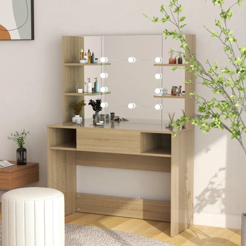 vidaXL Tocador de maquillaje con luces LED MDF roble 100x40x135 cm vidaXL Tocador de maquillaje con luces LED MDF roble 100x40x135 cm